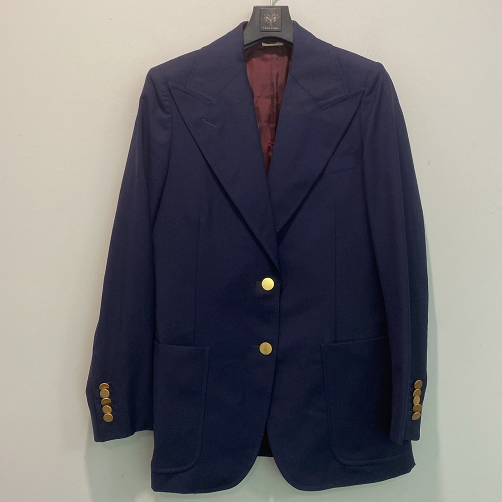 GUCCI Navy Wool Mohair Peak Lapel Blazer Gold Button 38 M - Picture 2 of 16